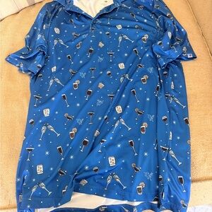 Vibrant Blue Men's Polo with Fun Drink Pattern